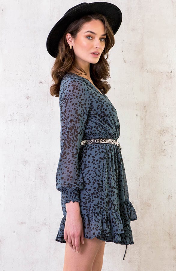 Cheetah Overslag Ruches Jurk Jeansblauw – shoparchief, foto 4