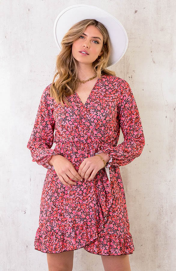 Flower Overslag Jurk Koraal Rood – shoparchief, foto 1
