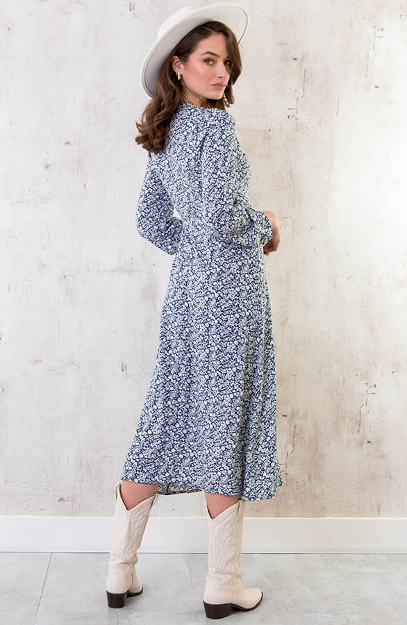 Midi Bloemen Jurk Met Strik Blauw – shoparchief, foto 4