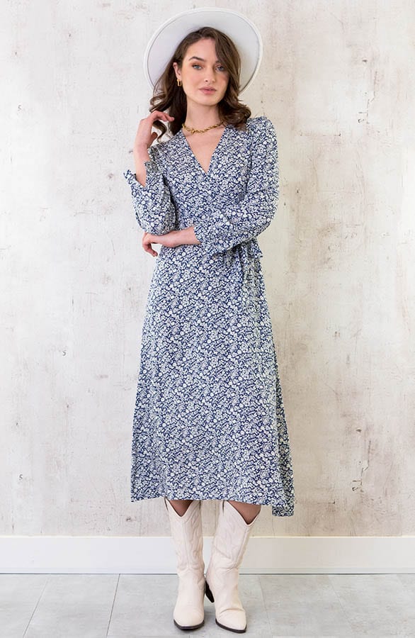 Midi Bloemen Jurk Met Strik Blauw – shoparchief, foto 2