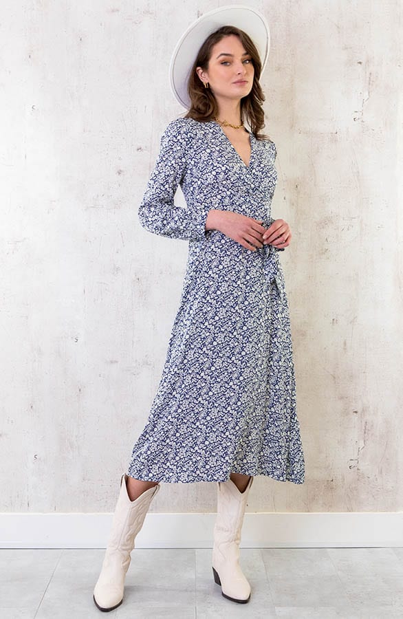 Midi Bloemen Jurk Met Strik Blauw – shoparchief, foto 1