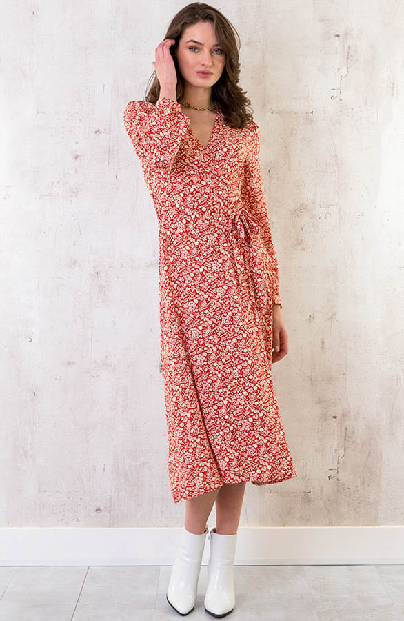 Midi Bloemen Jurk Met Strik Rood – shoparchief, foto 2