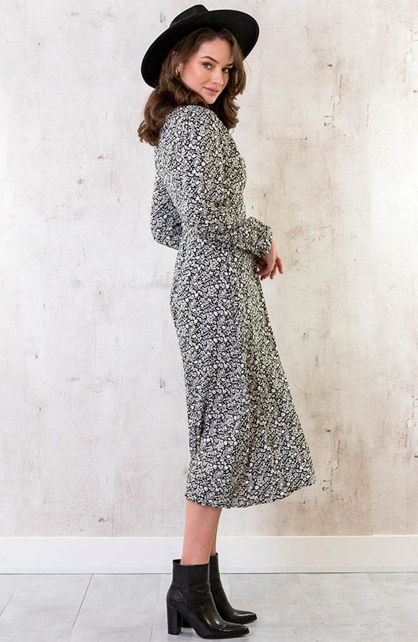 Midi Bloemen Jurk Met Strik Zwart – shoparchief, foto 3