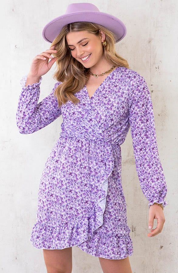 Overslag Jurk Aquarel Bloemen Lila – shoparchief, foto 1