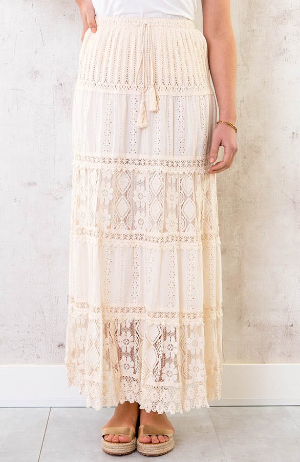 Boho Maxi Rok Met Kant Ecru – shoparchief, foto 1
