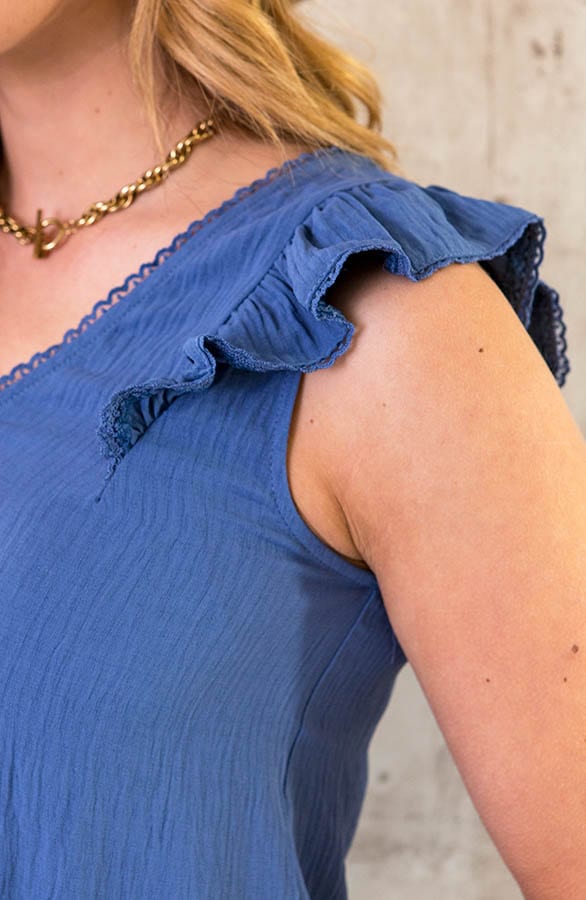 Katoenen Ruffle Top Met Kant Jeansblauw – shoparchief, foto 3