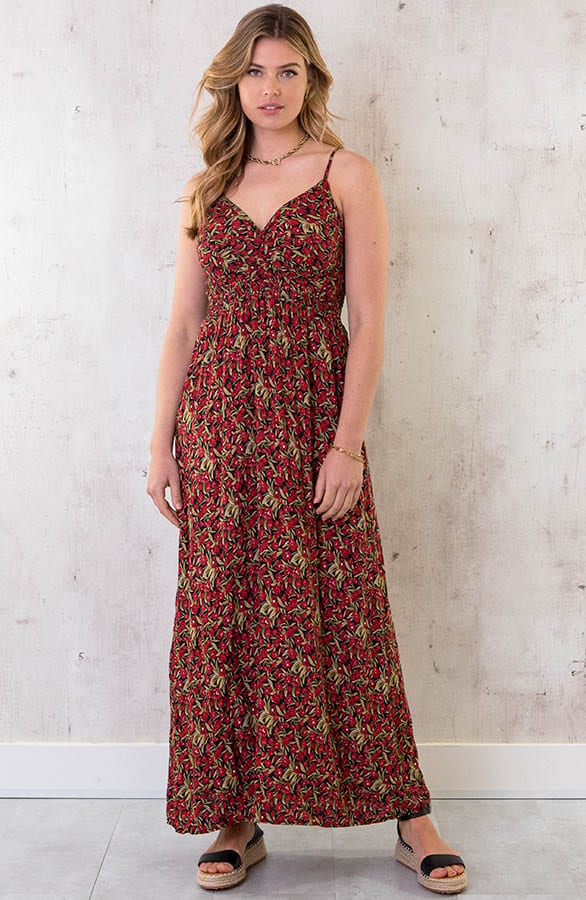 Spaghetti Maxi Jurk Bloemen Rood Zwart – shoparchief, foto 2