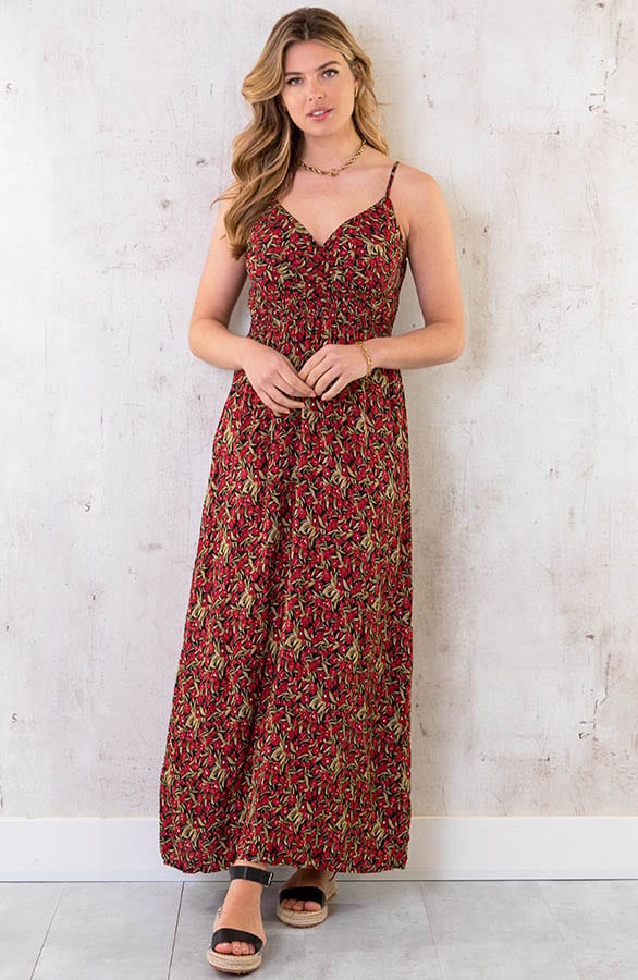 Spaghetti Maxi Jurk Bloemen Rood Zwart – shoparchief, foto 1