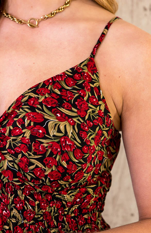 Spaghetti Maxi Jurk Bloemen Rood Zwart – shoparchief, foto 5