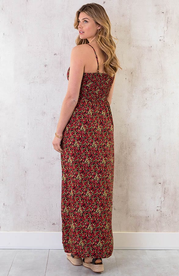 Spaghetti Maxi Jurk Bloemen Rood Zwart – shoparchief, foto 4