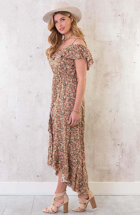 Off Shoulder Maxi Jurk Bloemen beige – shoparchief, foto 3