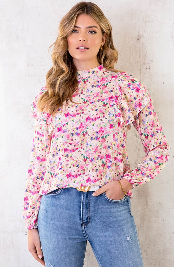 Ruffle Bloemen Blouse LichtRoze – shoparchief, foto 1