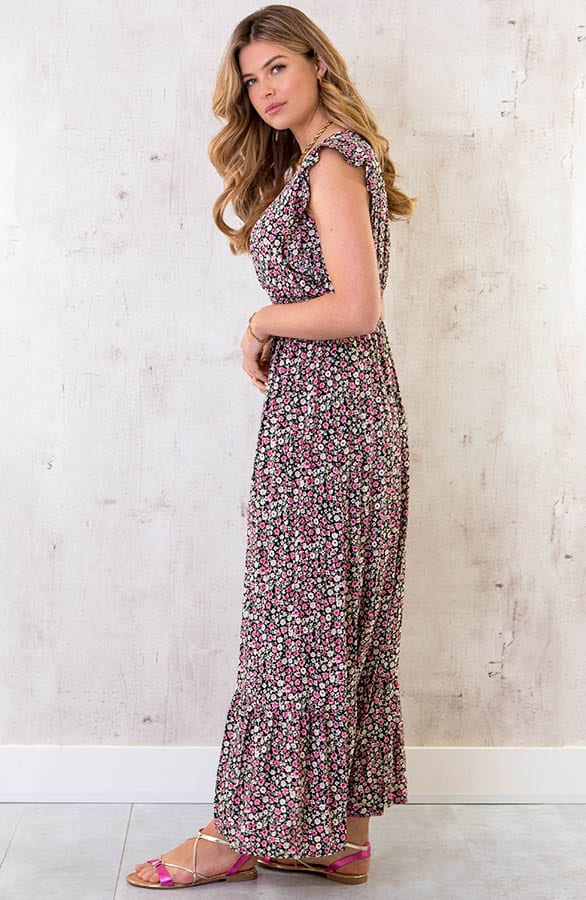Ruffle Maxi Jurk Bloemen Zwart – shoparchief, foto 3