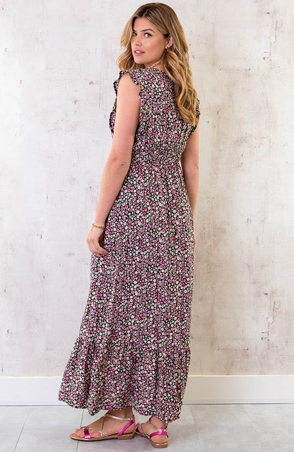 Ruffle Maxi Jurk Bloemen Zwart – shoparchief, foto 4