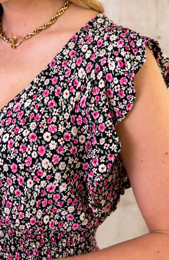 Ruffle Maxi Jurk Bloemen Zwart – shoparchief, foto 5