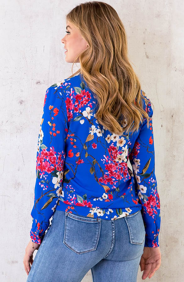 V-hals Bloemen Blouse Kobalt – shoparchief, foto 4