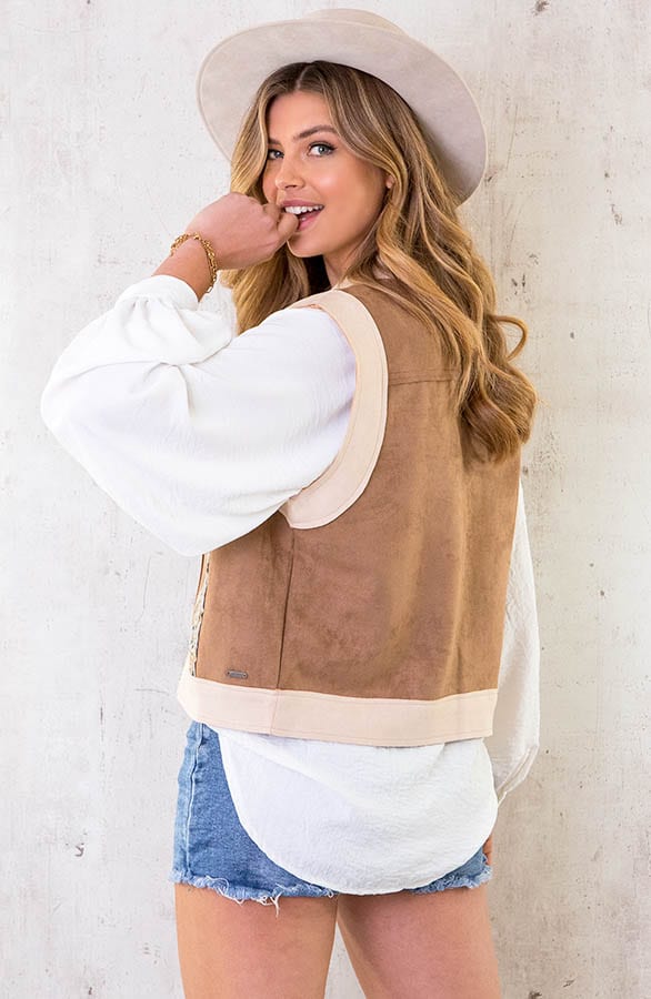 Suede Boho Gilet Camel – shoparchief, foto 4