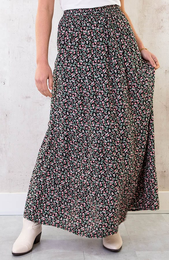 Katoenen Maxi Rok Bloemen Zwart Roze – shoparchief, foto 1
