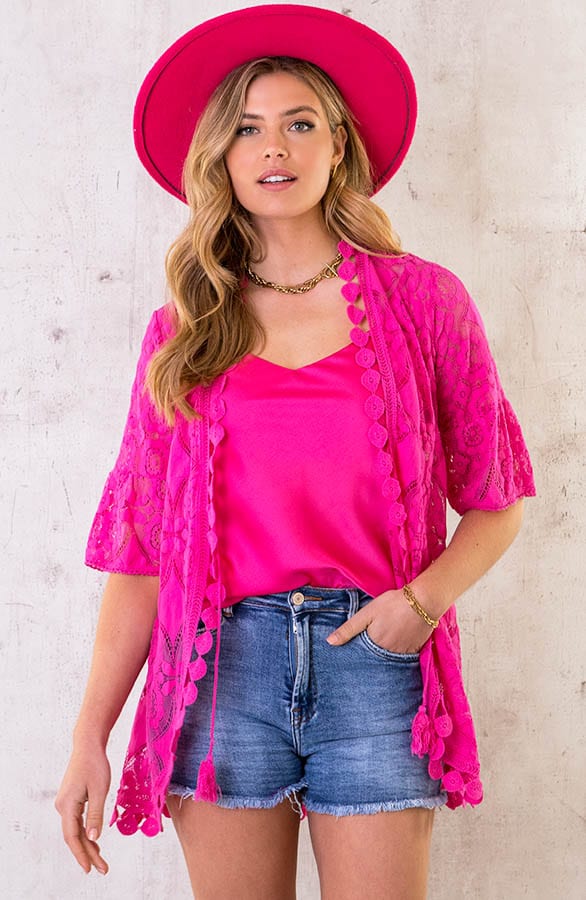 Kanten Kimono Kort Fuchsia – shoparchief, foto 3