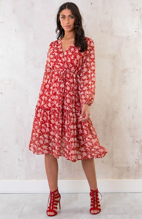 Midi Bloemenprint Jurk Rood – shoparchief, foto 1