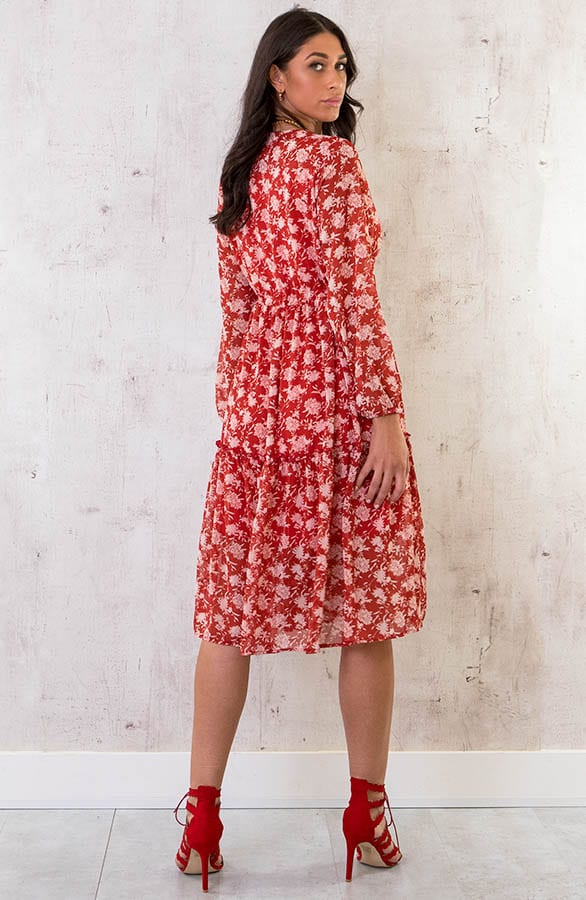 Midi Bloemenprint Jurk Rood – shoparchief, foto 4