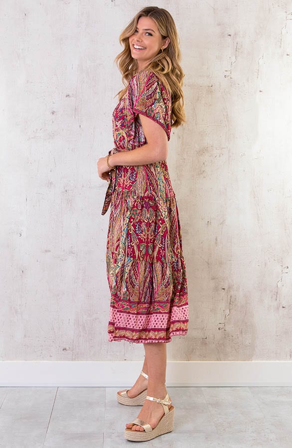 Midi Print Jurk Deluxe Fuchsia – shoparchief, foto 3