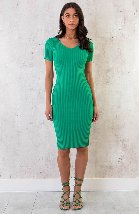Midi V Rib Stretch Jurk Bright Green – shoparchief, foto 2