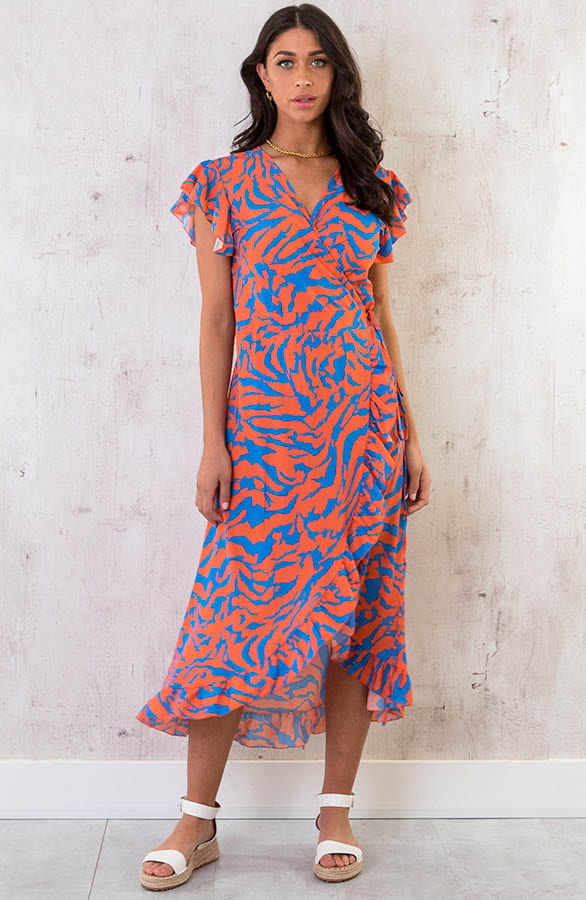 Overslag Jurk Midi Zebra Oranje Blauw – shoparchief, foto 1