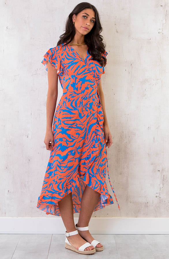 Overslag Jurk Midi Zebra Oranje Blauw – shoparchief, foto 2