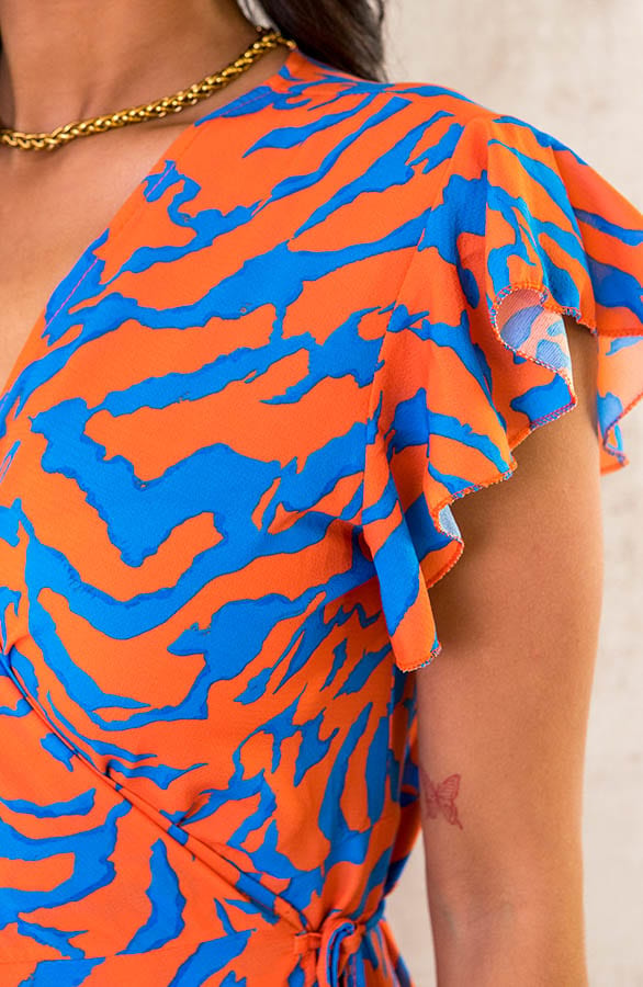 Overslag Jurk Midi Zebra Oranje Blauw – shoparchief, foto 5
