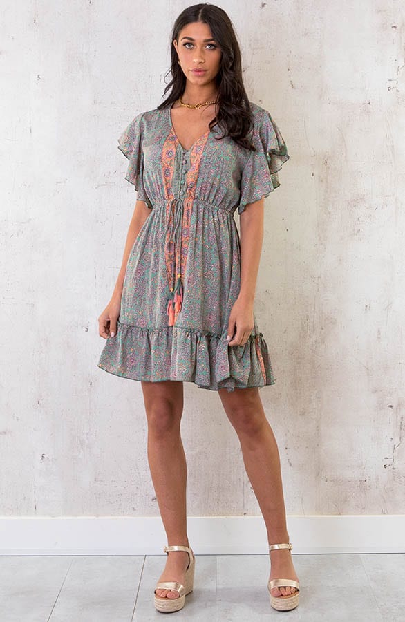 Silk Paisley Ruffle Jurk Army – shoparchief, foto 6