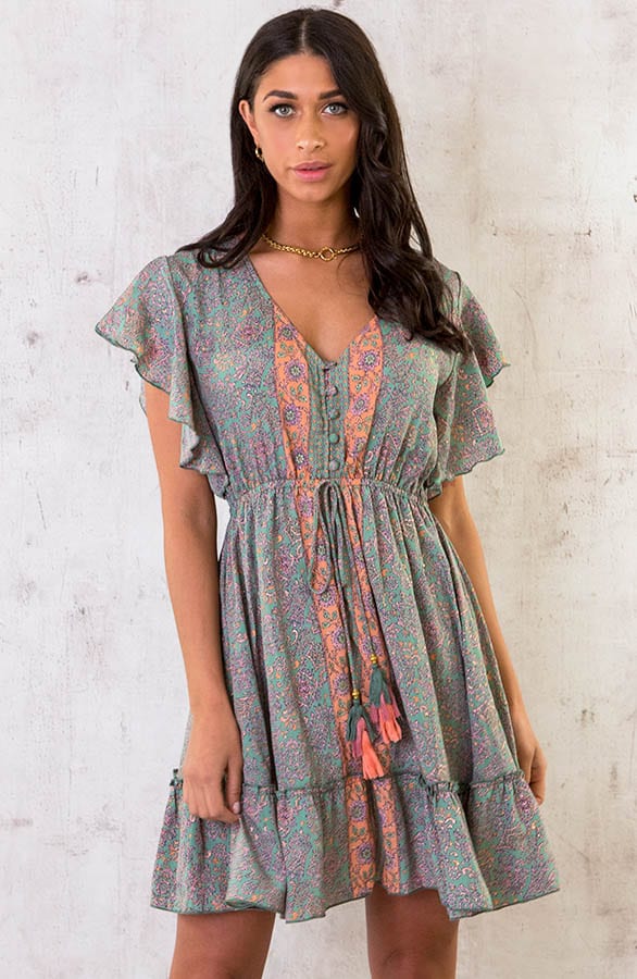 Silk Paisley Ruffle Jurk Army – shoparchief, foto 1