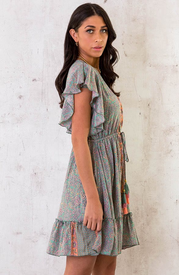 Silk Paisley Ruffle Jurk Army – shoparchief, foto 3