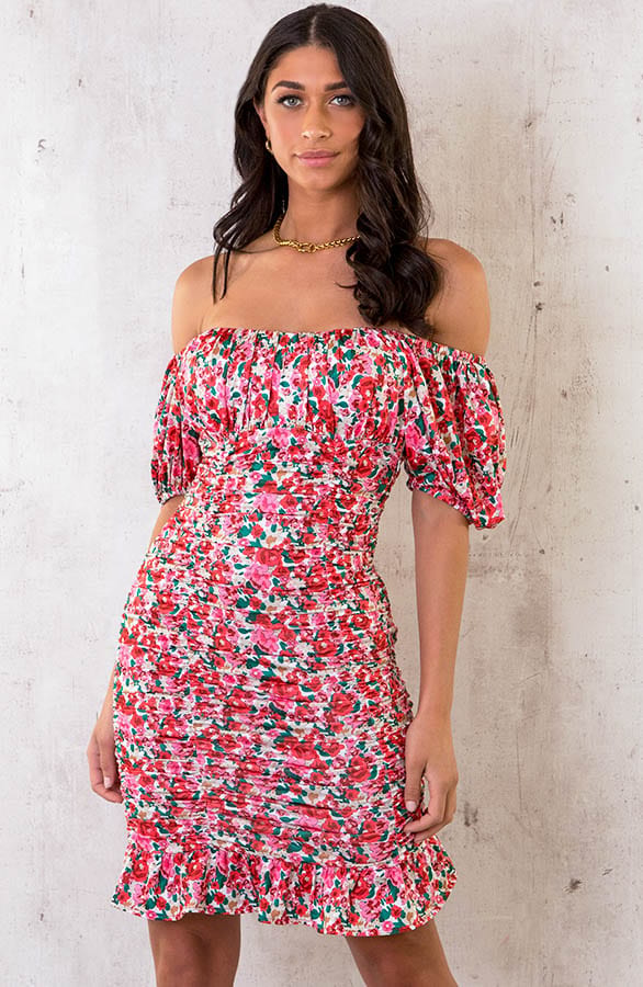 Smocked Off Shoulder Bloemen Jurk – shoparchief, foto 2