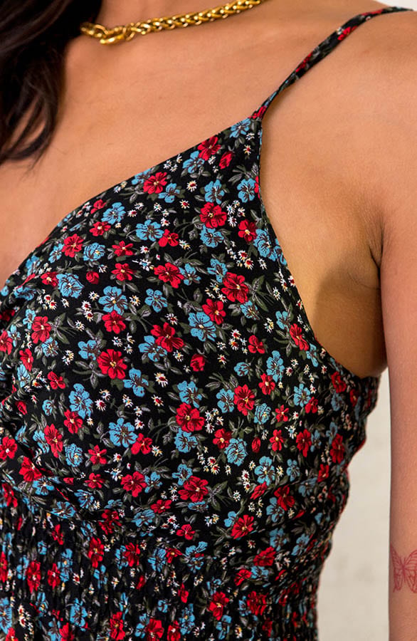 Spaghetti Jurk Bloemen Rood Blauw – shoparchief, foto 6