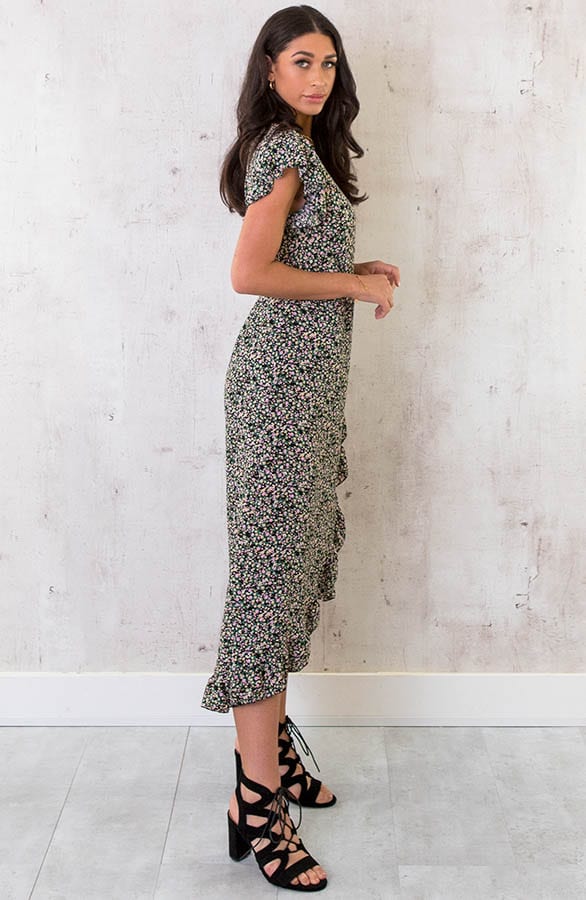 Bloemen Jurk Midi Zwart Roze – shoparchief, foto 3