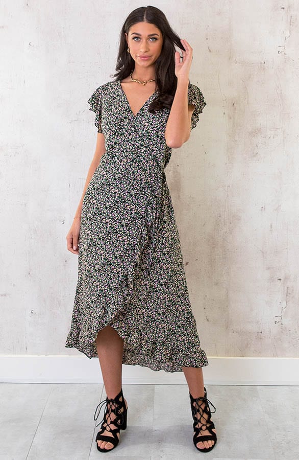 Bloemen Jurk Midi Zwart Roze – shoparchief, foto 2