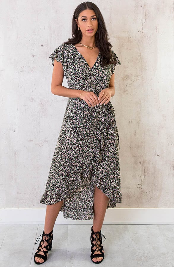 Bloemen Jurk Midi Zwart Roze – shoparchief, foto 1