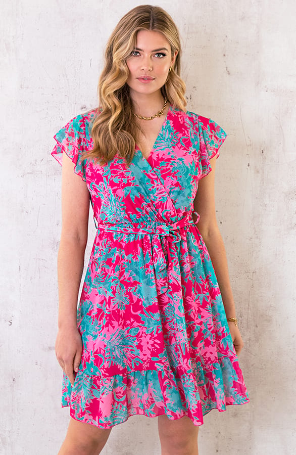 Flower Print Ruffle Jurkje Roze Turquoise – shoparchief, foto 2