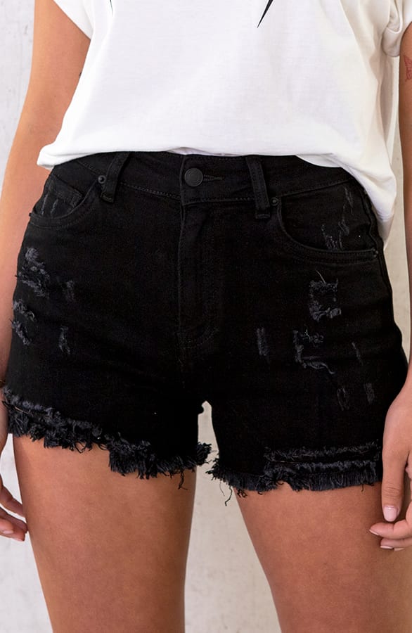 Denim Shorts Damaged Zwart – shoparchief, foto 1