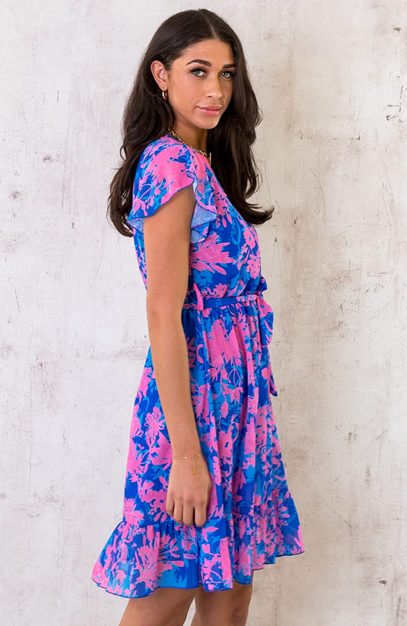 Flower Print Ruffle Jurkje Kobalt Roze – shoparchief, foto 5