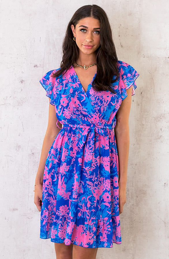 Flower Print Ruffle Jurkje Kobalt Roze – shoparchief, foto 1