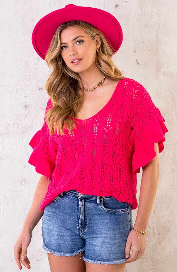 Gehaakte Ruffle Top Fuchsia – shoparchief, foto 1