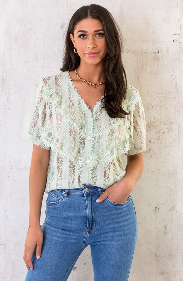 Kanten Ruffle Blouse Mint – shoparchief, foto 1