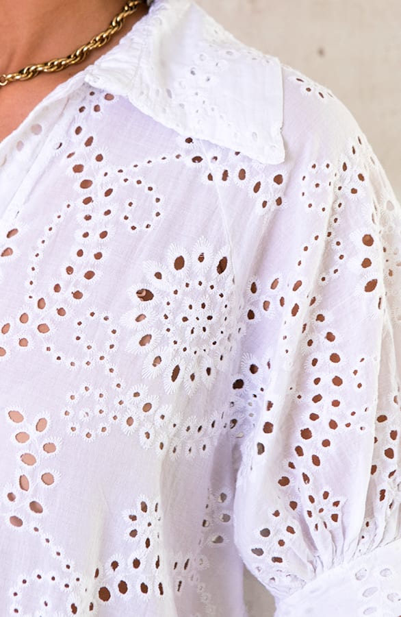 Katoenen Embroidery Blouse Korte Mouwen Ecru – shoparchief, foto 6