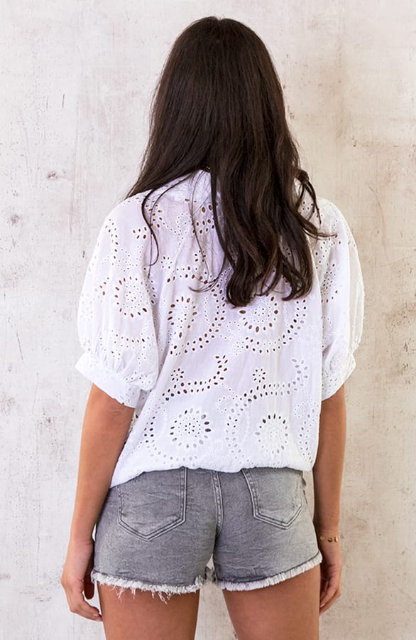 Katoenen Embroidery Blouse Korte Mouwen Ecru – shoparchief, foto 5