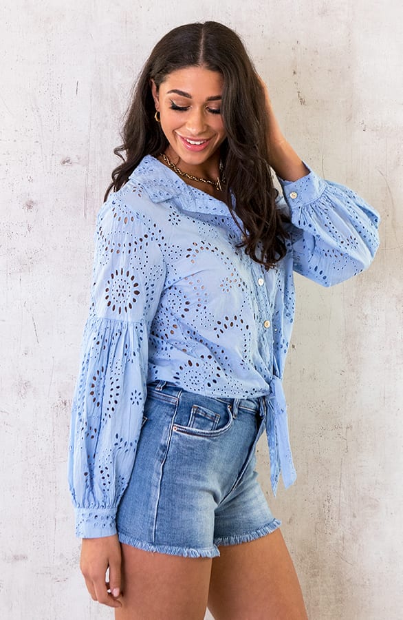 Katoenen Embroidery Knoop Blouse Babyblauw – shoparchief, foto 4
