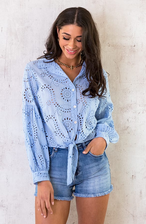 Katoenen Embroidery Knoop Blouse Babyblauw – shoparchief, foto 2