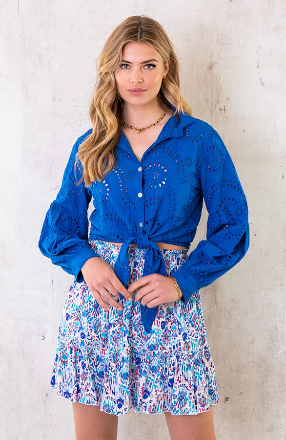 Katoenen Embroidery Knoop Blouse Kobalt – shoparchief, foto 1