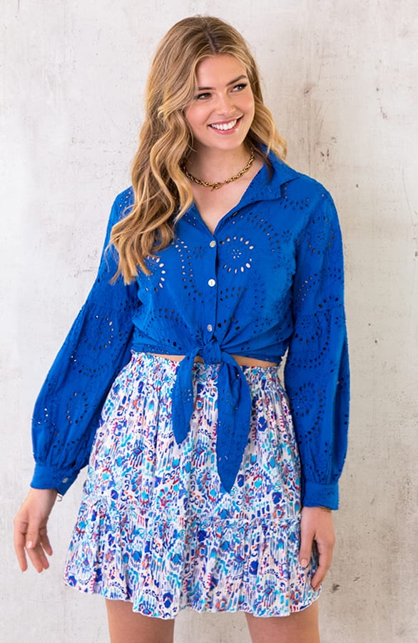 Katoenen Embroidery Knoop Blouse Kobalt – shoparchief, foto 3
